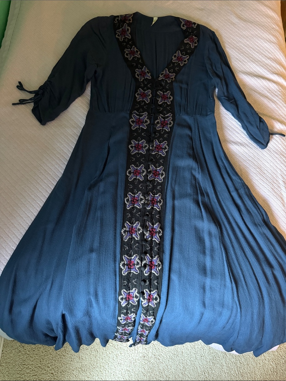 Free People Navy Blue Embroidered Maxi Dress